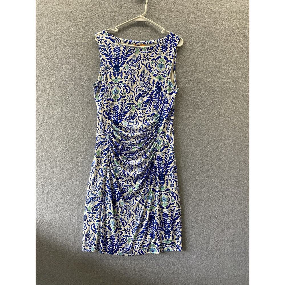 Tory Burch 100% Silk Blue White Floral Ruched Sheath Dress Women’s Large Resort - Picture 2 of 10